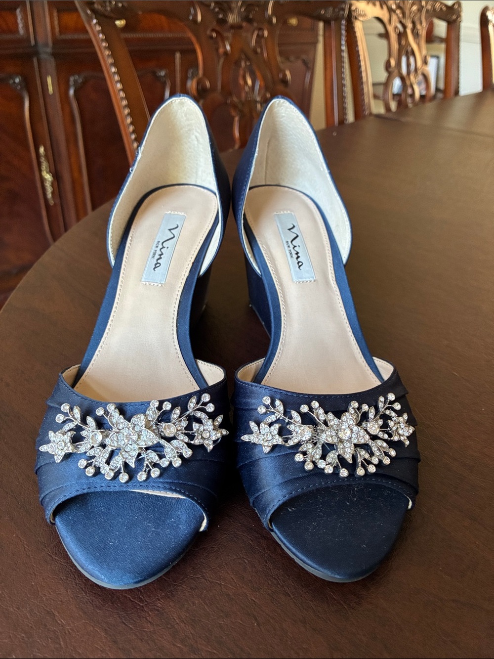 Nina Navy Satin D'Orsay Peep-Toe Heels with Crystal Floral Accents